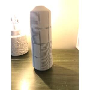 CB2 EUC Tall Light Blue Ceramic Vase with Darker Blue Accent Lines 12"